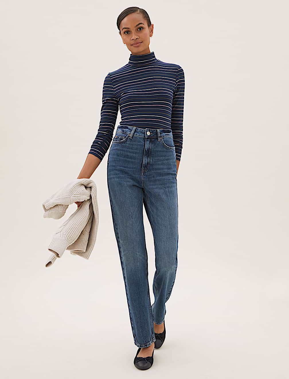 Cotton Rich Striped Funnel Neck Top