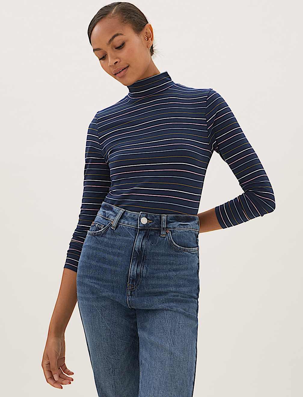 Cotton Rich Striped Funnel Neck Top