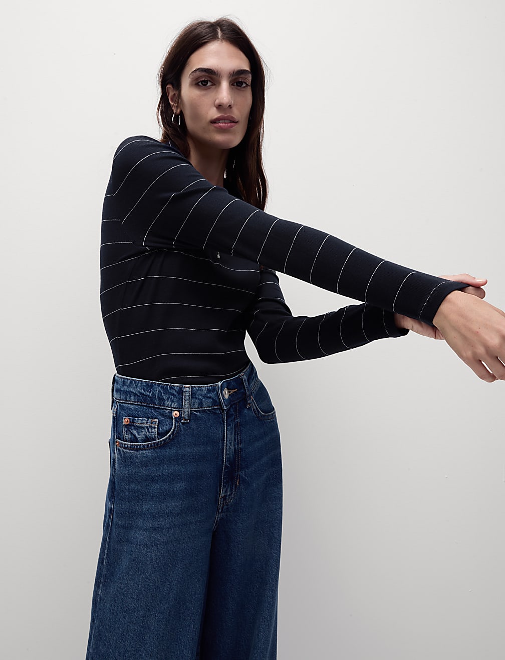 Cotton Rich Striped Ribbed Half Zip Top