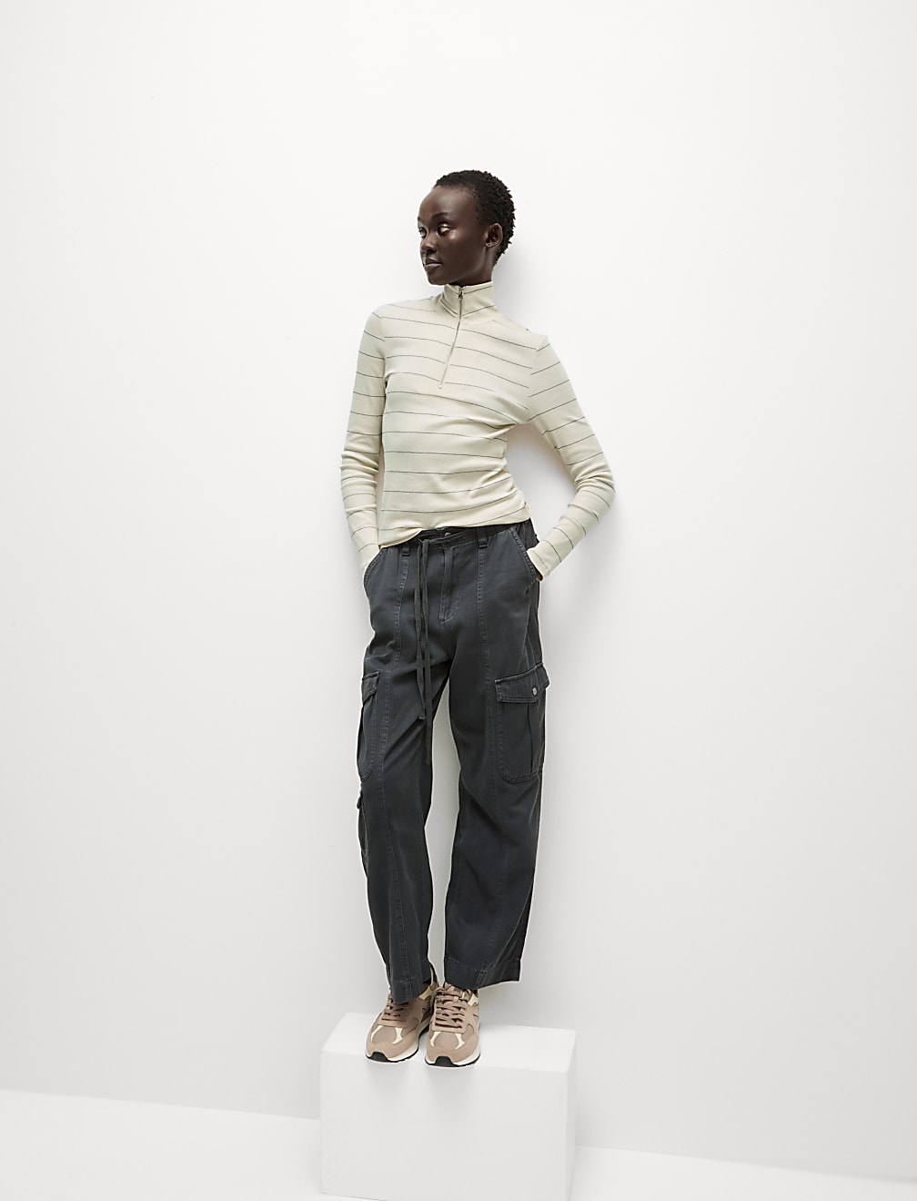 Cotton Rich Striped Ribbed Half Zip Top