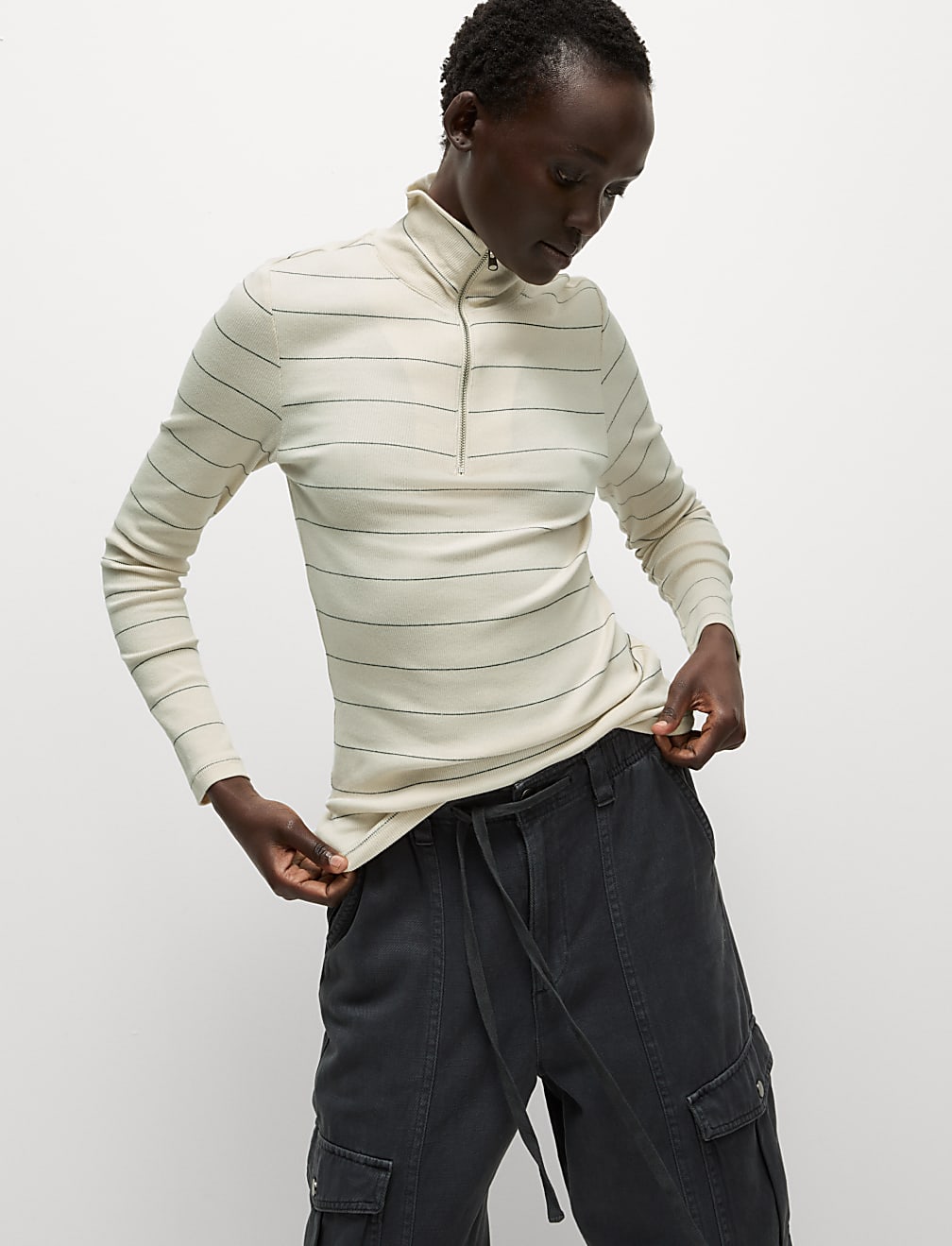 Cotton Rich Striped Ribbed Half Zip Top