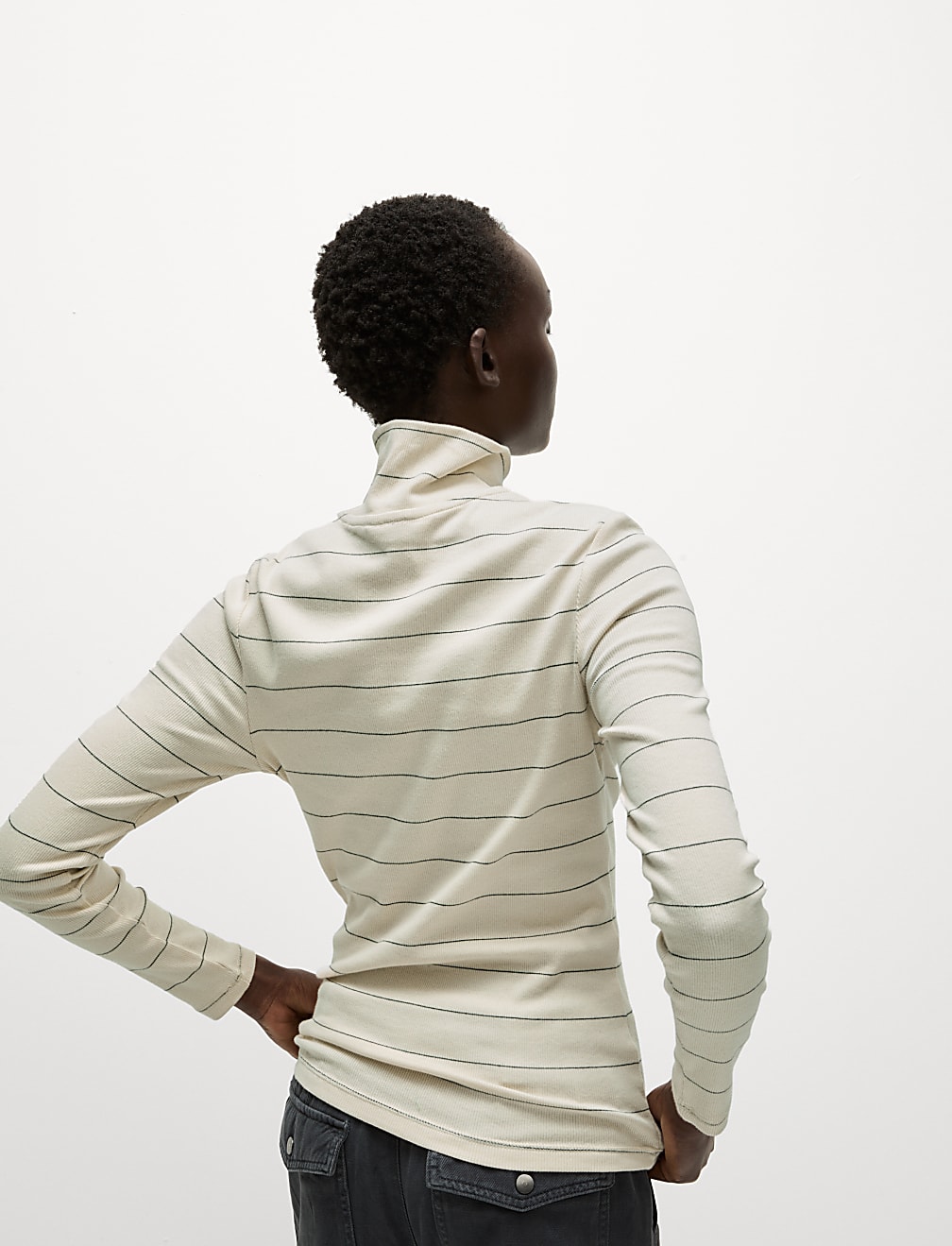 Cotton Rich Striped Ribbed Half Zip Top