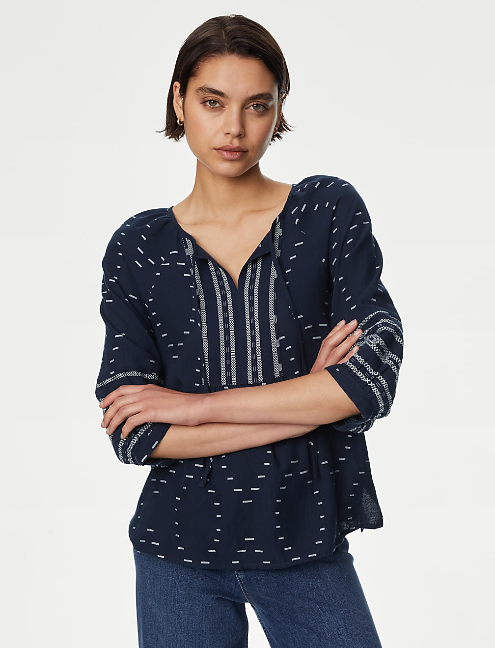 Cotton Rich Jacquard Tie Neck Popover Blouse