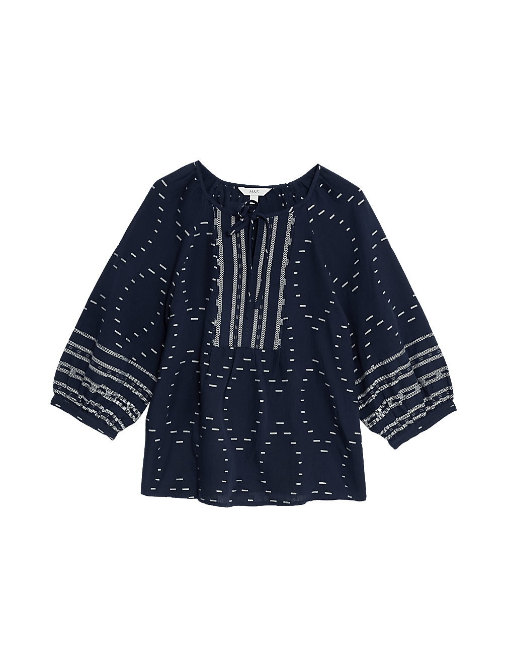 Cotton Rich Jacquard Tie Neck Popover Blouse
