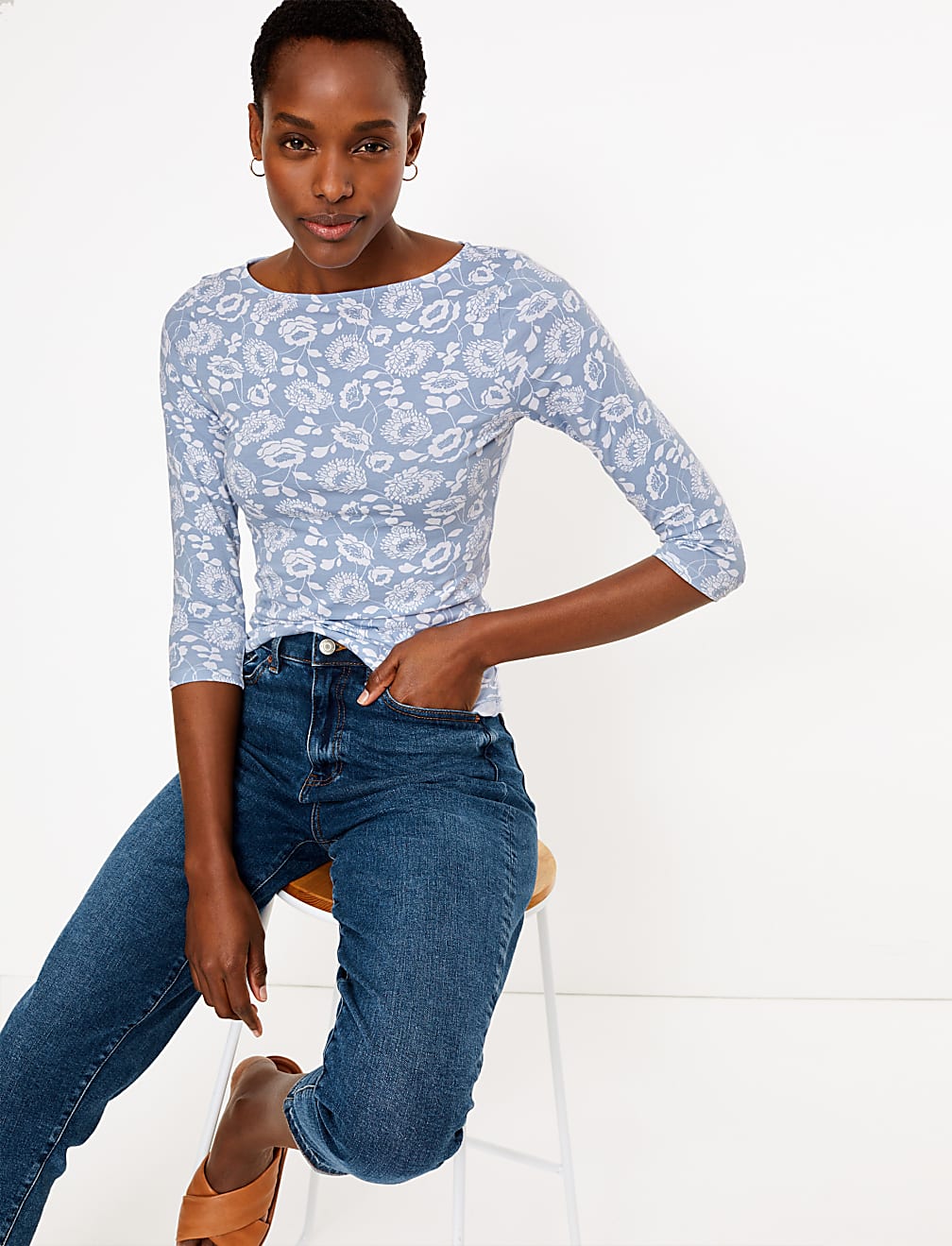 Cotton Floral Fitted 3/4 Sleeve Top