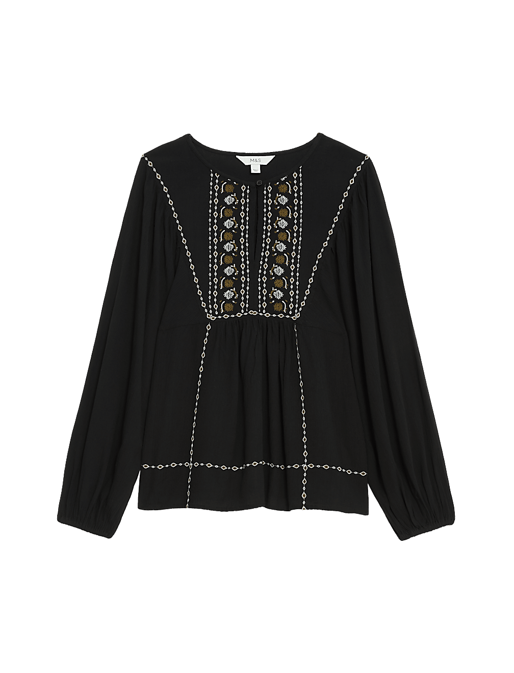 Embroidered Crew Neck Puff Sleeve Blouse
