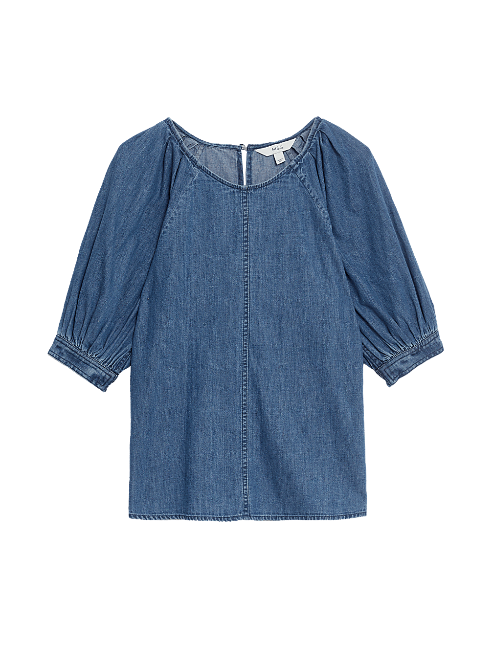 Pure Cotton Denim Puff Sleeve Blouse