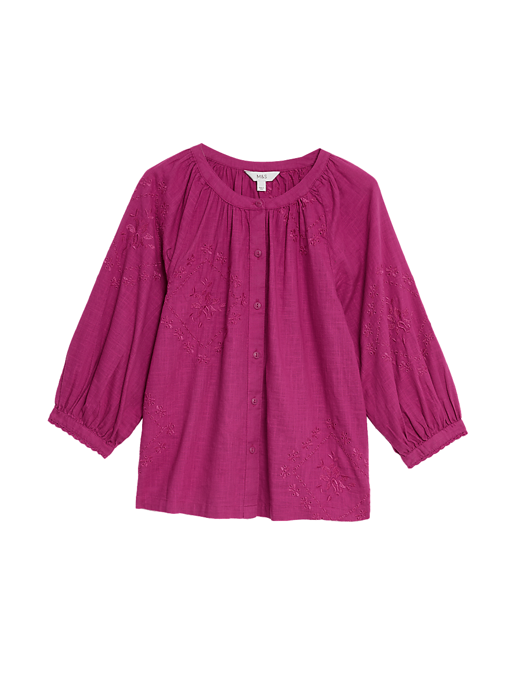 Pure Cotton Embroidered Blouson Sleeve Blouse
