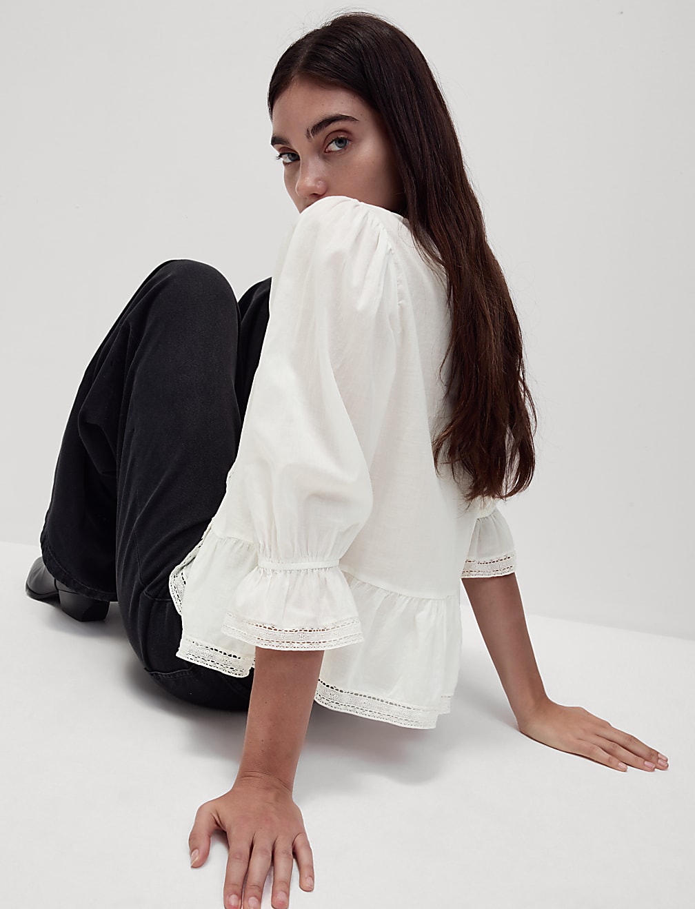 Pure Cotton Lace Frill Detail Blouse