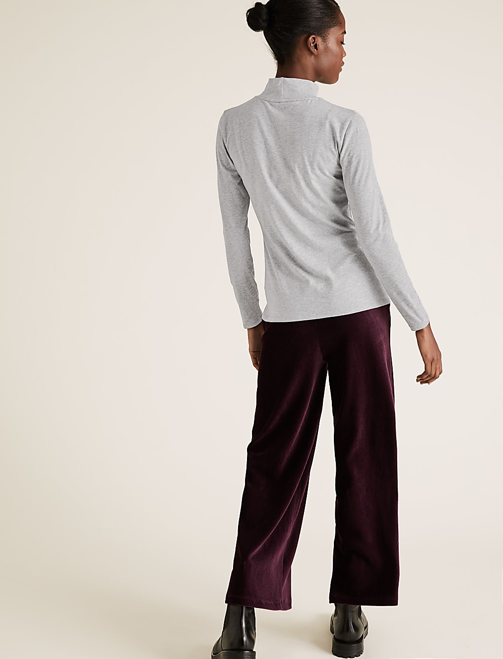 Cotton Funnel Neck Fitted Long Sleeve Top