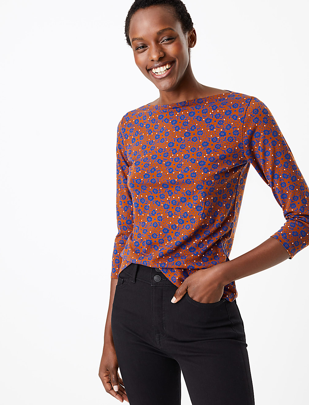 Floral Print 3/4 Sleeve Fitted T-Shirt