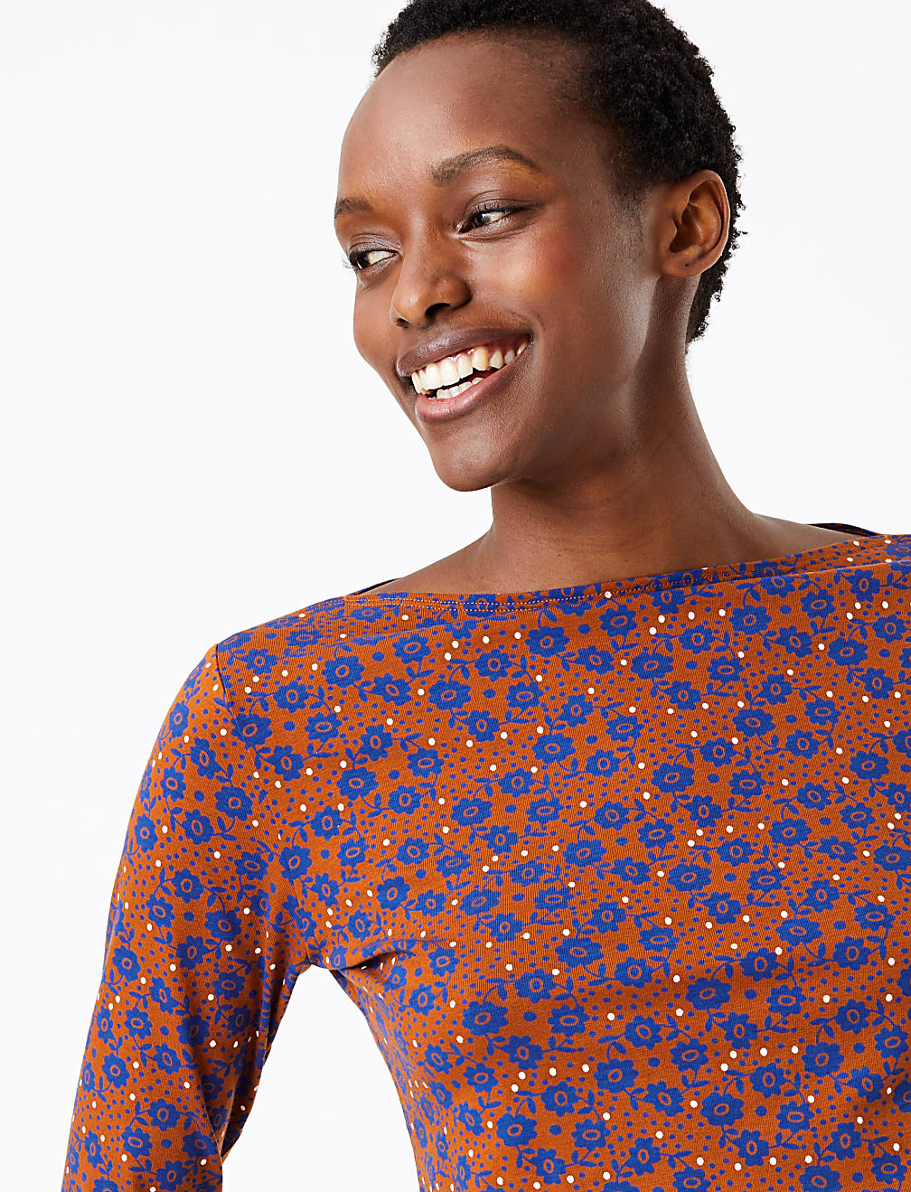 Floral Print 3/4 Sleeve Fitted T-Shirt