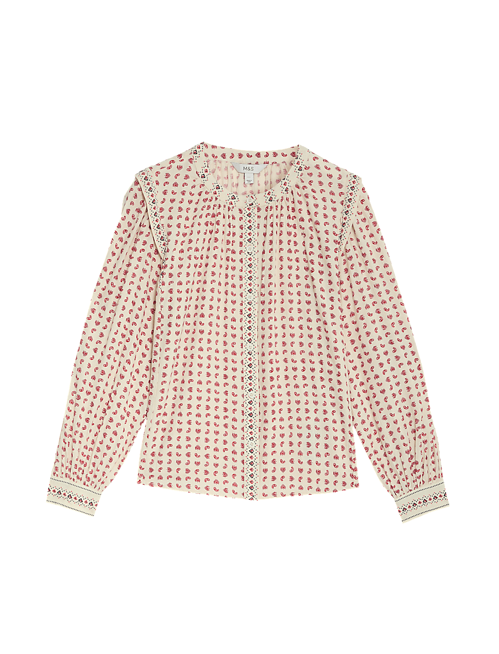 Cotton Blend Printed Crew Neck Blouse