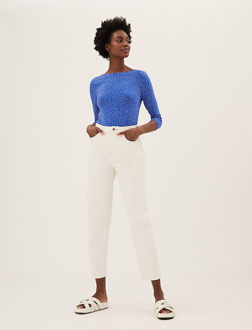 Cotton Rich Polka Dot Fitted 3/4 Sleeve Top