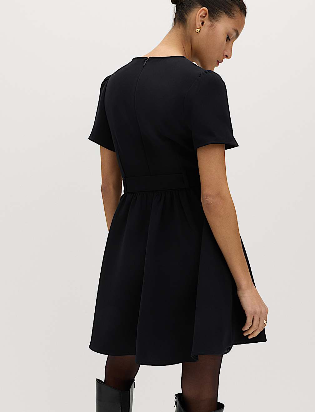 Puff Sleeve Belted Mini Skater Dress