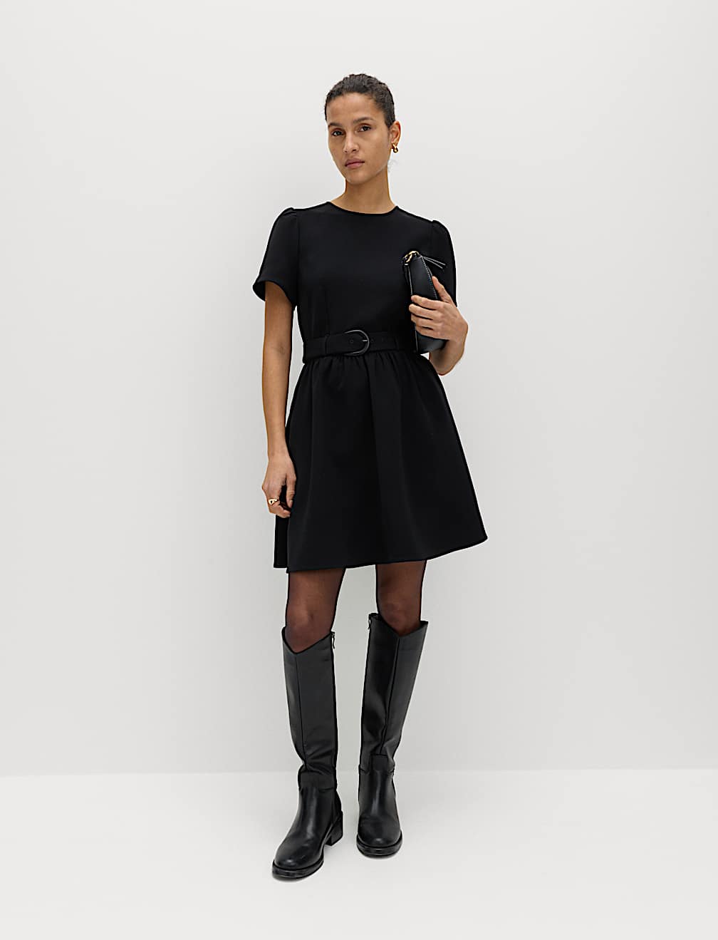 Puff Sleeve Belted Mini Skater Dress
