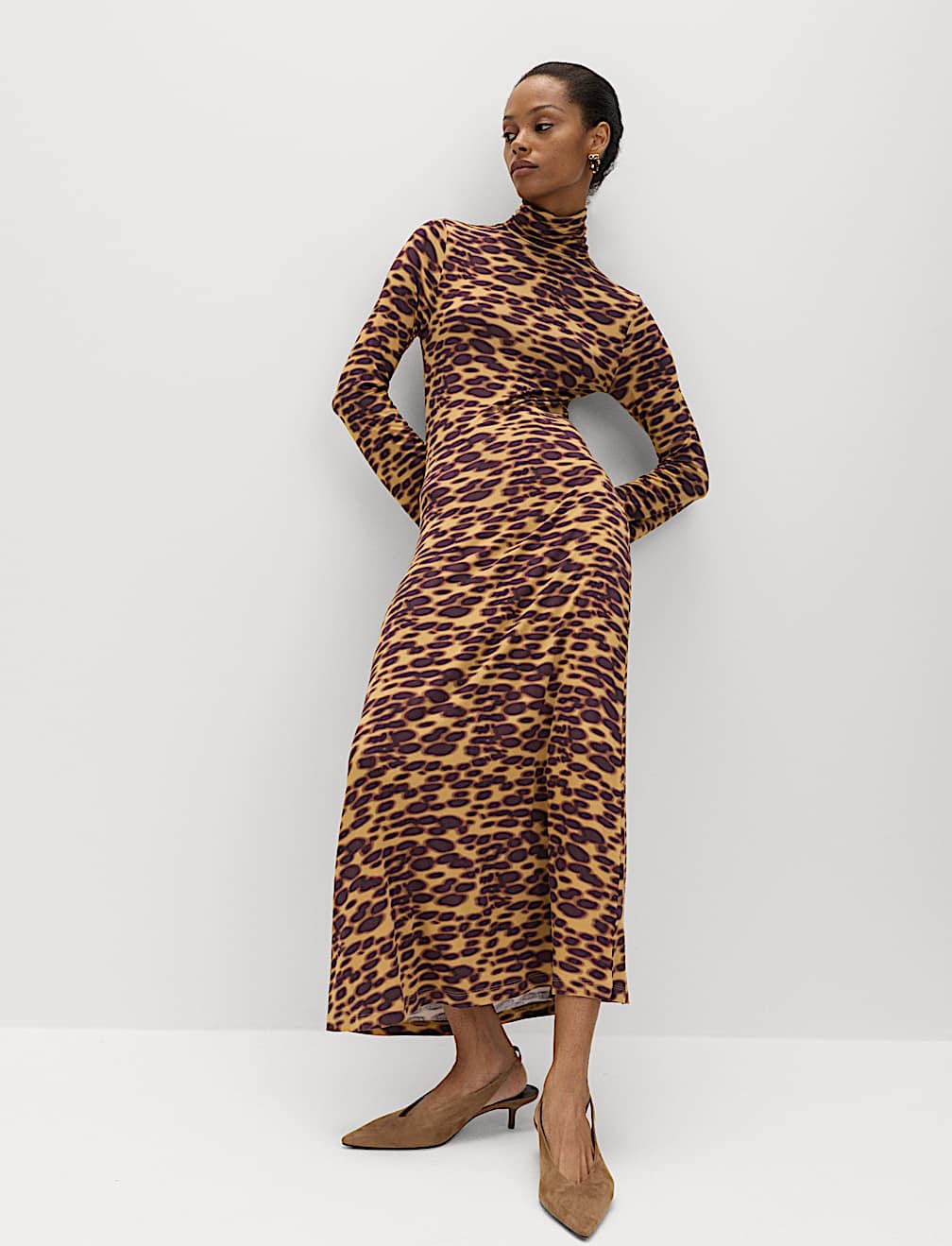 Jersey Animal Print High Neck Midaxi Dress