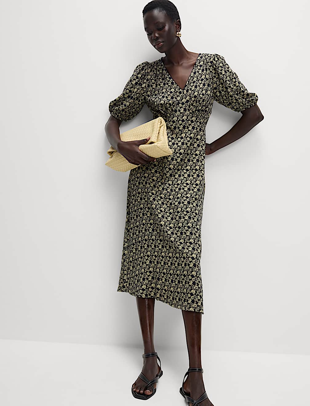 Floral V-Neck Midi Tea Dress