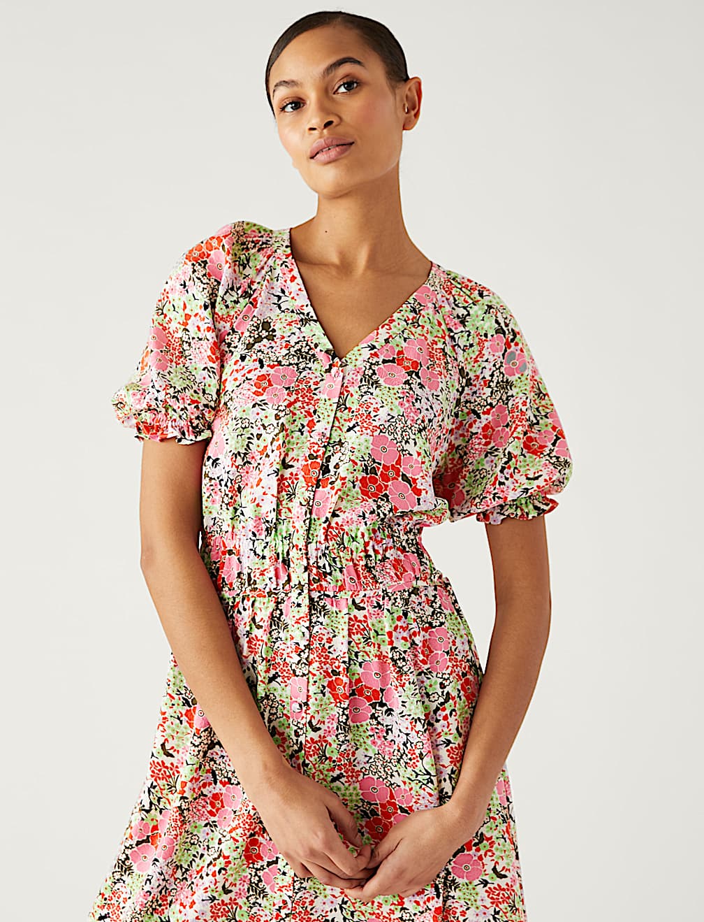 Floral V-Neck Midi Waisted Dress