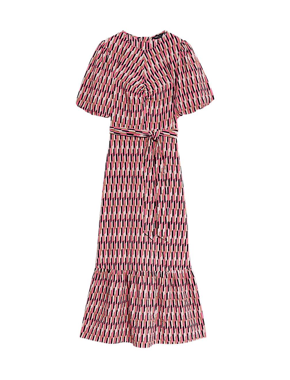 Geometric Puff Sleeve Midi Tea Dress