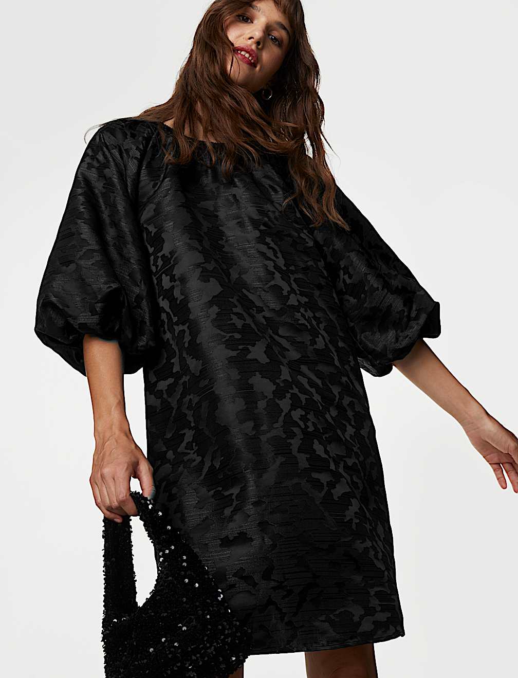 Jacquard Round Neck Mini Shift Dress