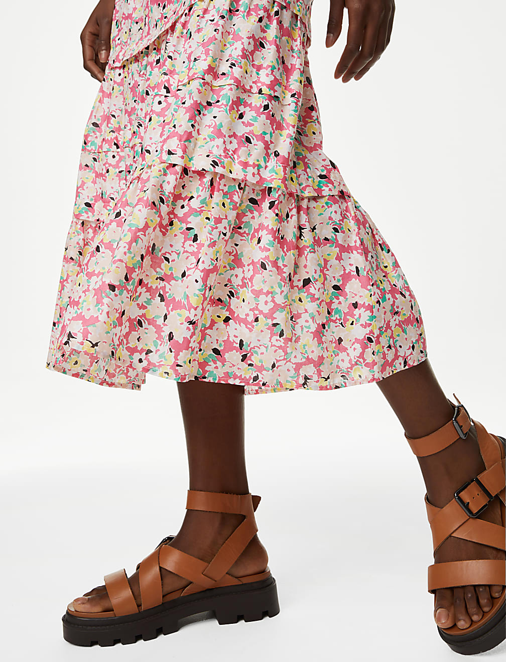 Pure Cotton Floral Midaxi Tiered Skirt