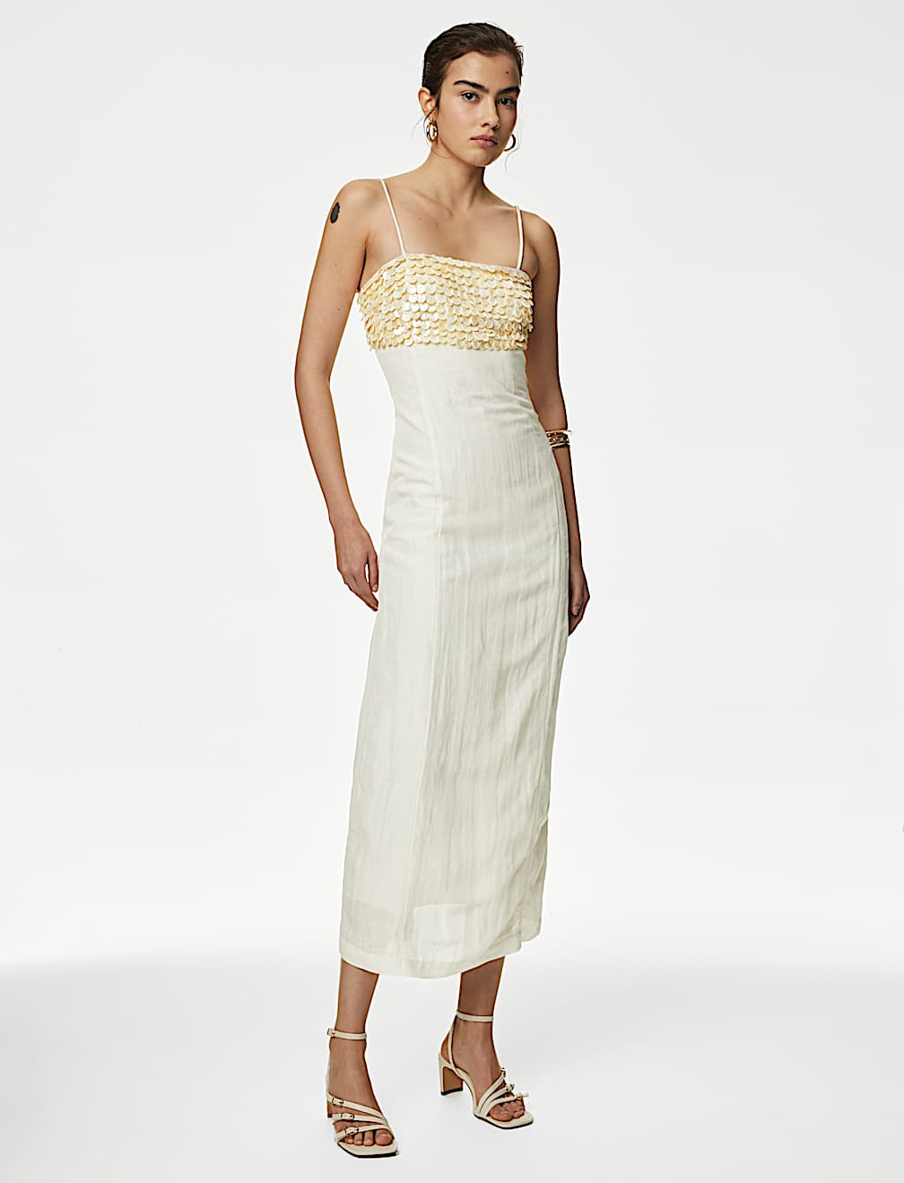 Linen Blend Embellished Midaxi Column Dress