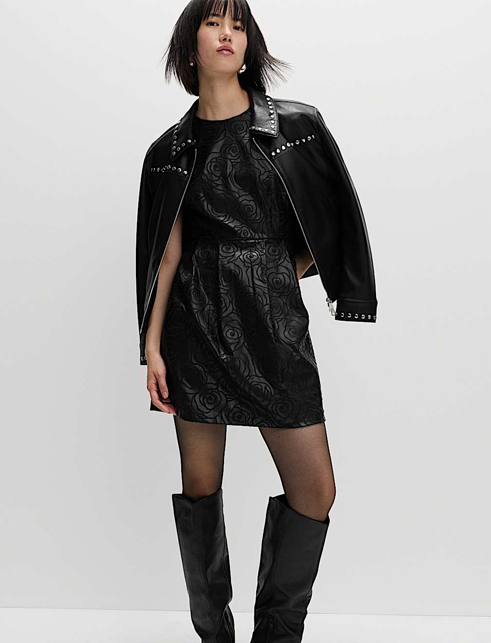 Faux Leather Embossed Crew Neck Mini Smock Dress