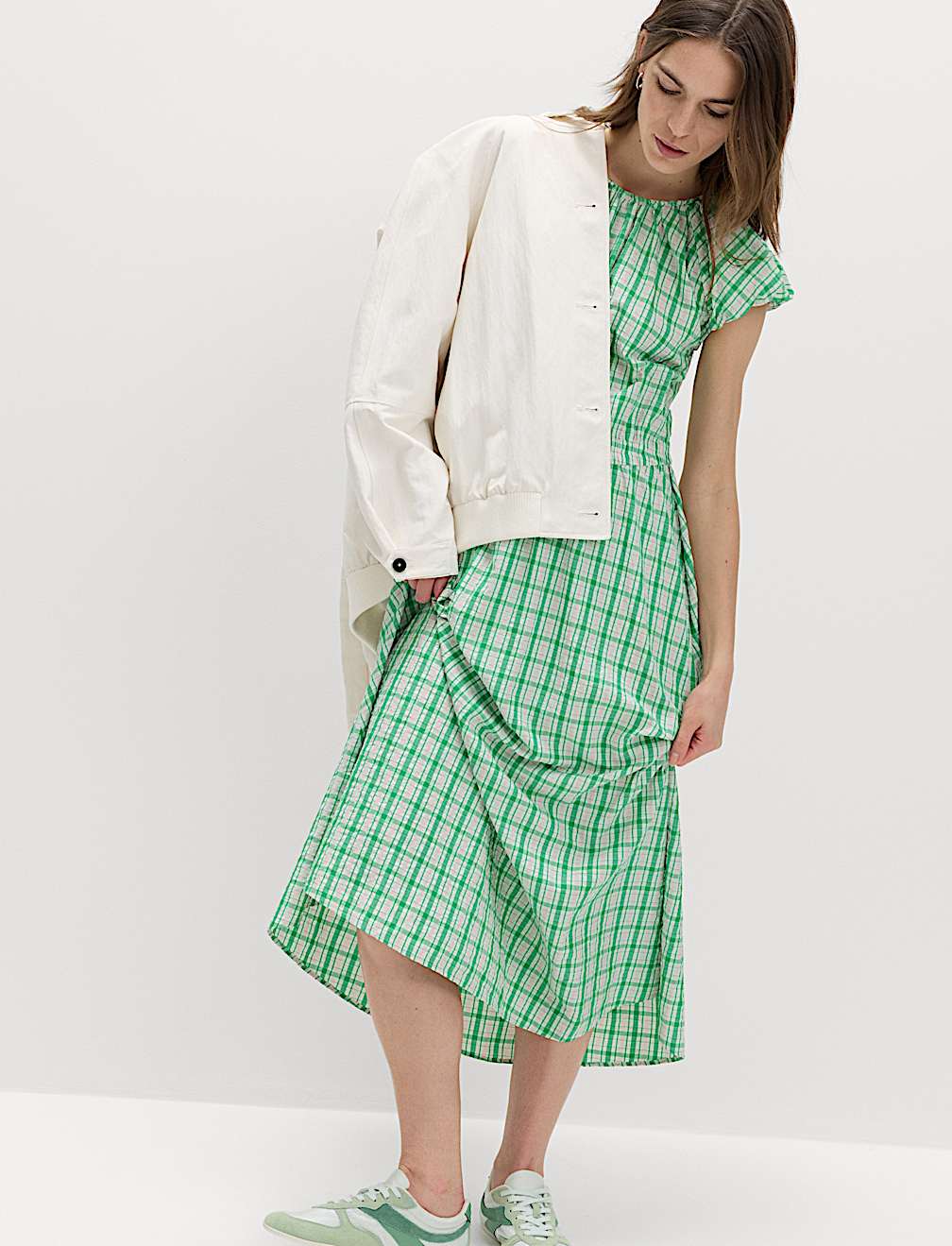 Gingham Puff Sleeve Midi Waisted Dress