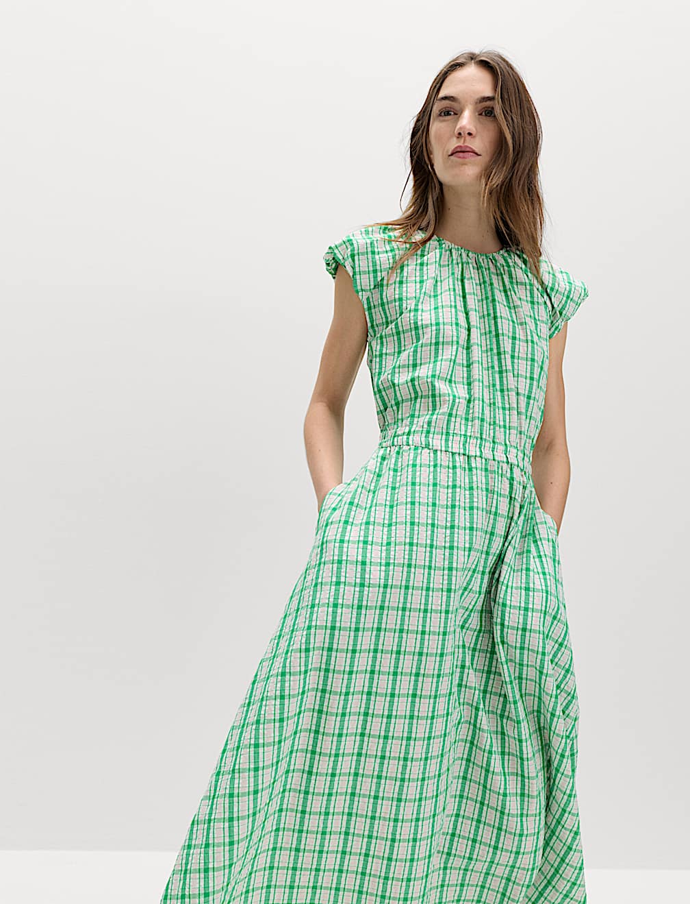 Gingham Puff Sleeve Midi Waisted Dress