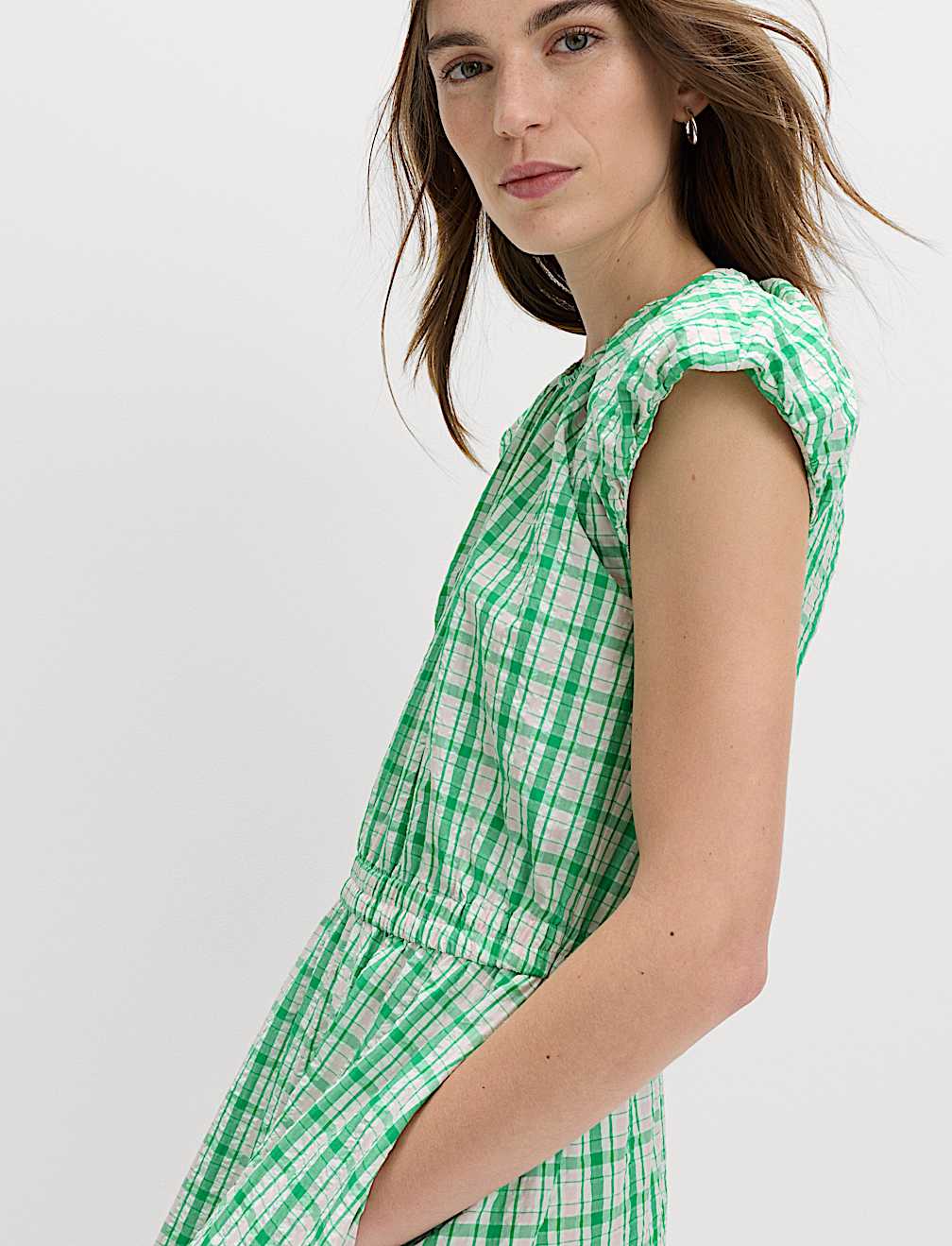 Gingham Puff Sleeve Midi Waisted Dress