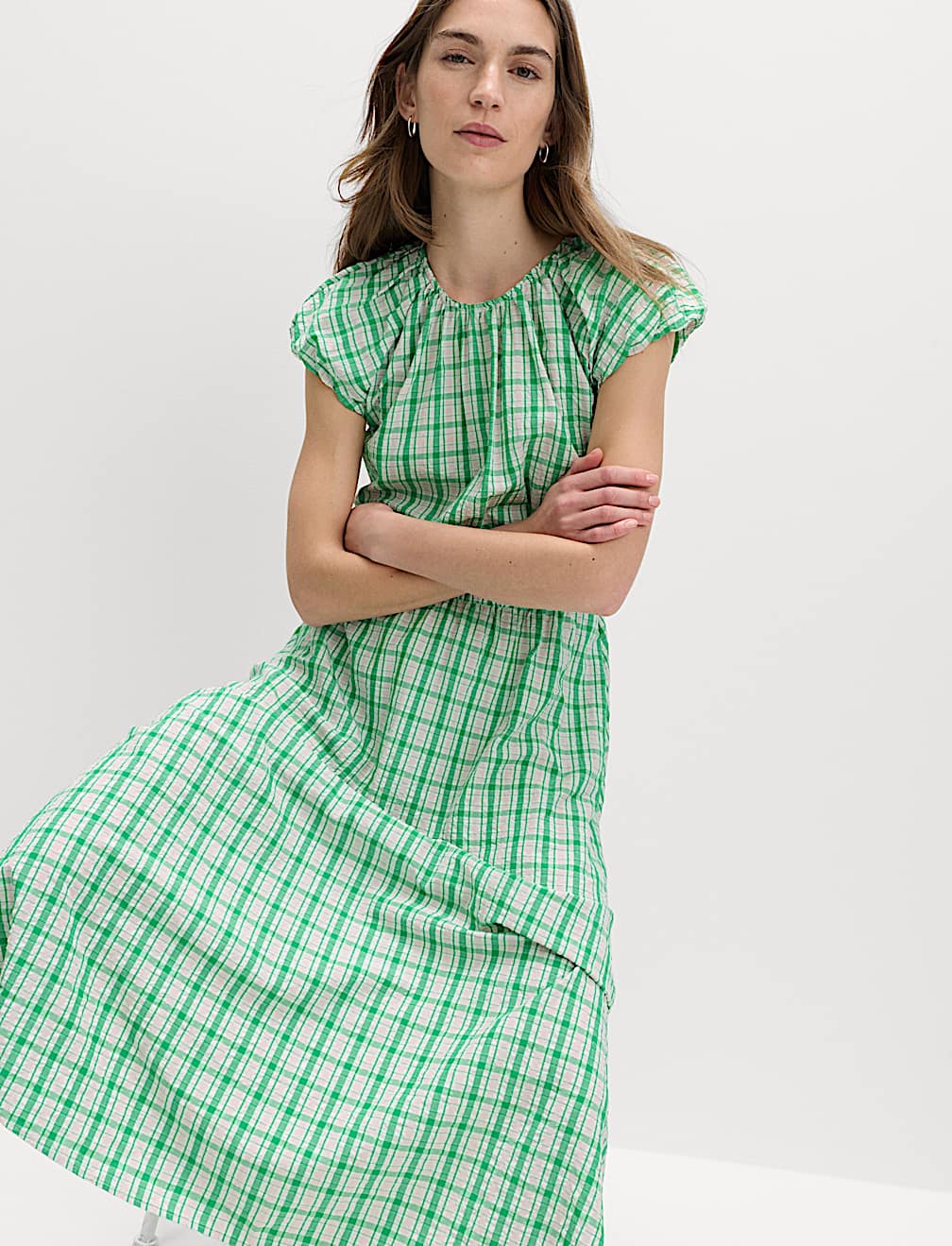 Gingham Puff Sleeve Midi Waisted Dress