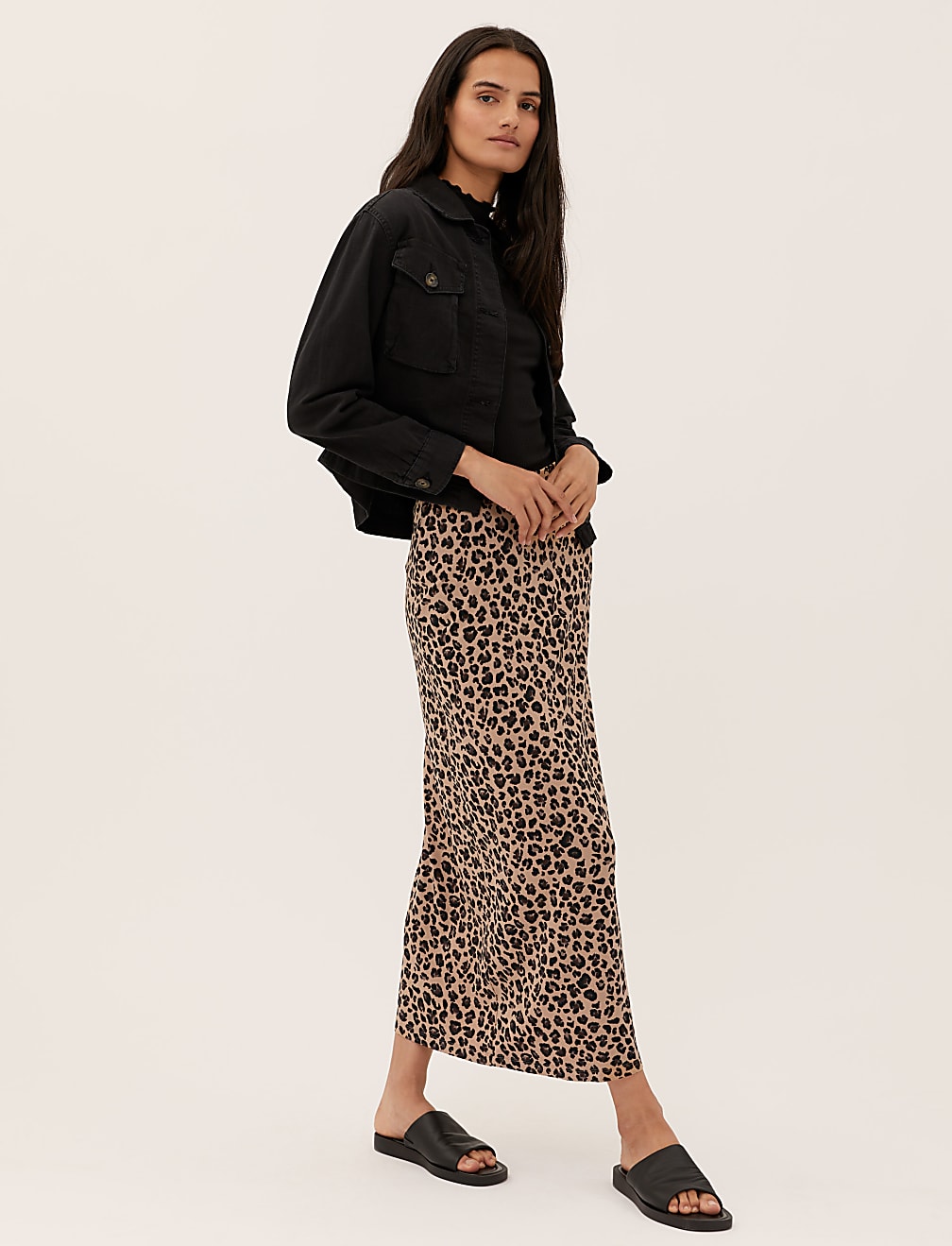 Animal Print Ribbed Maxi A-Line Skirt