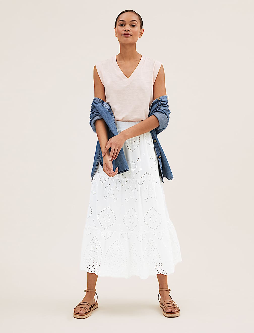 Pure Cotton Broderie Midi Tiered Skirt