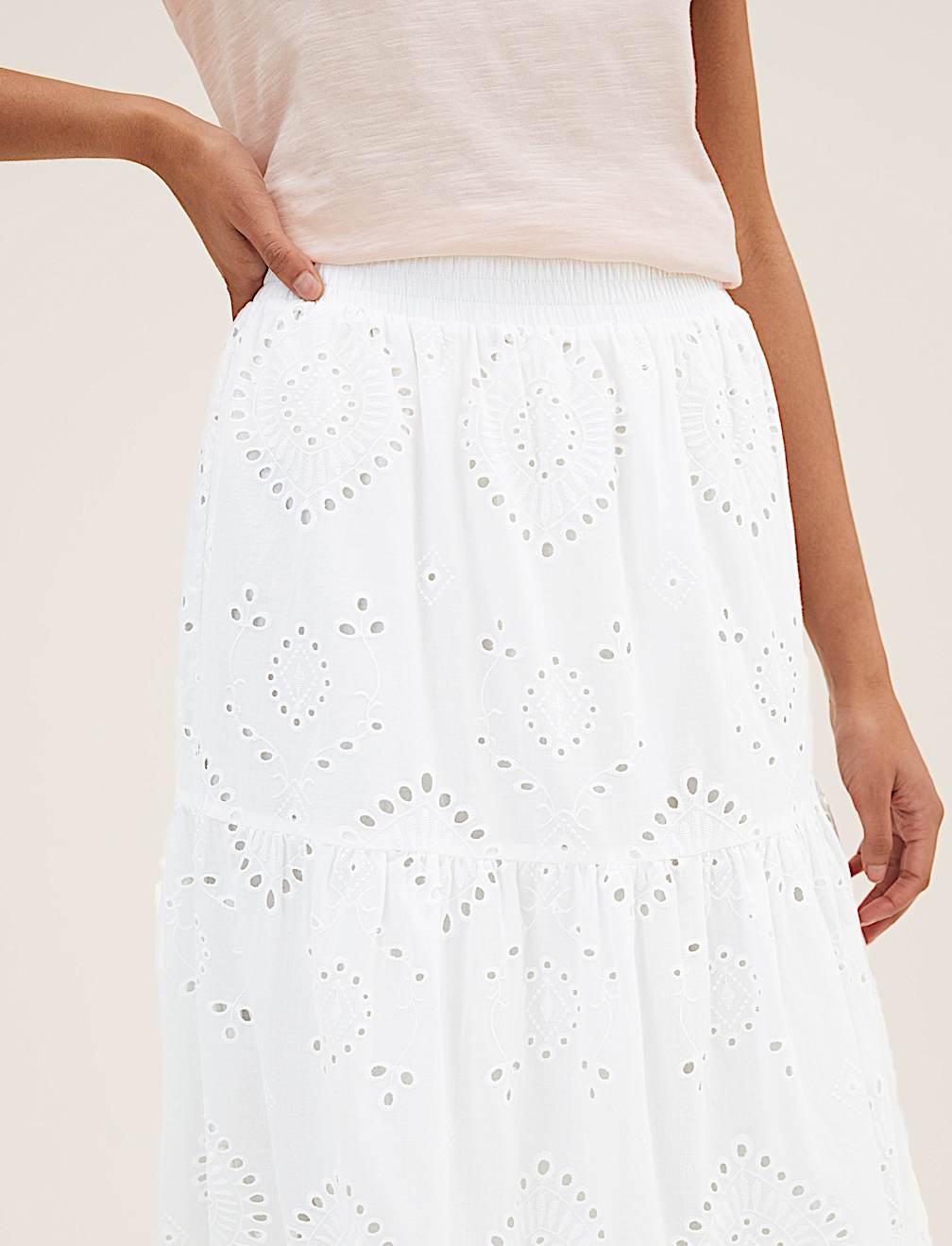Pure Cotton Broderie Midi Tiered Skirt
