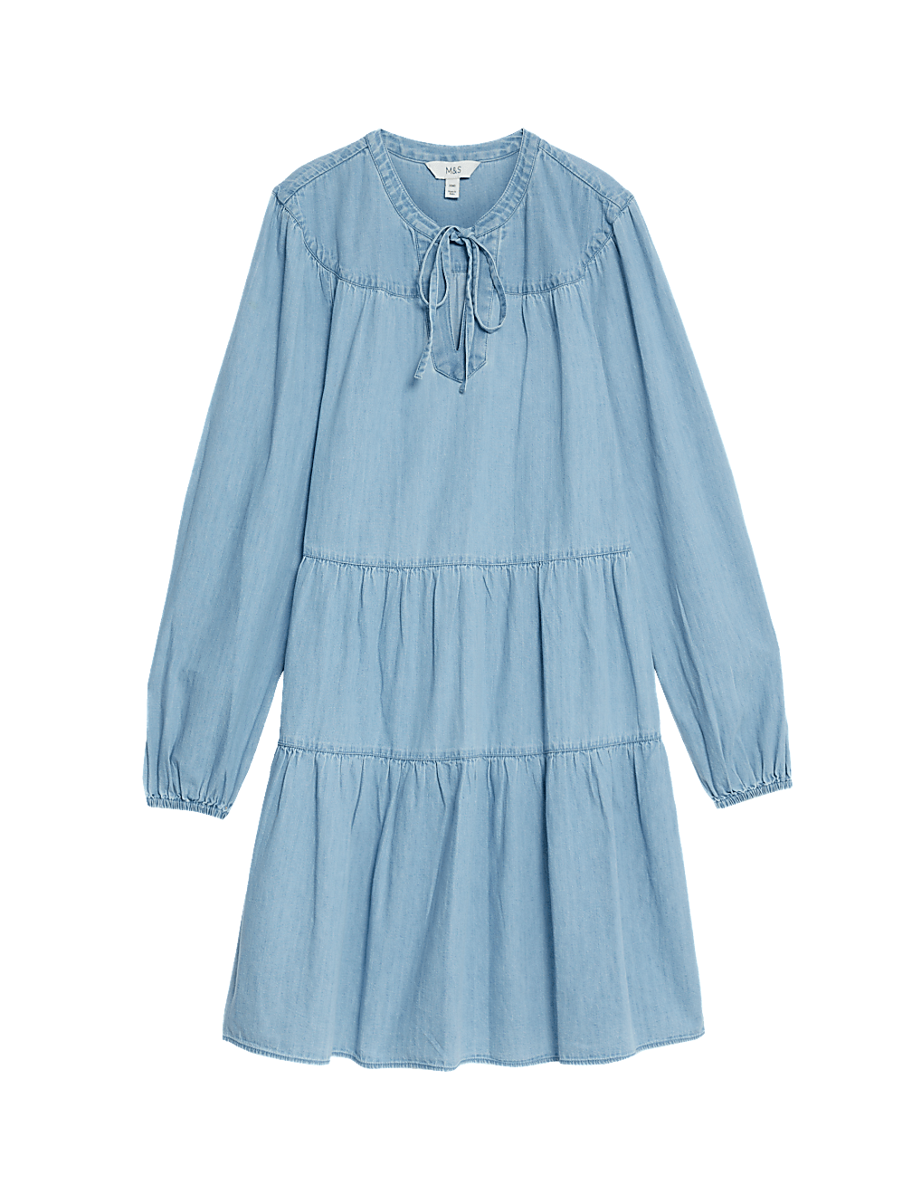 Denim Tie Neck Puff Sleeve Mini Tiered Dress