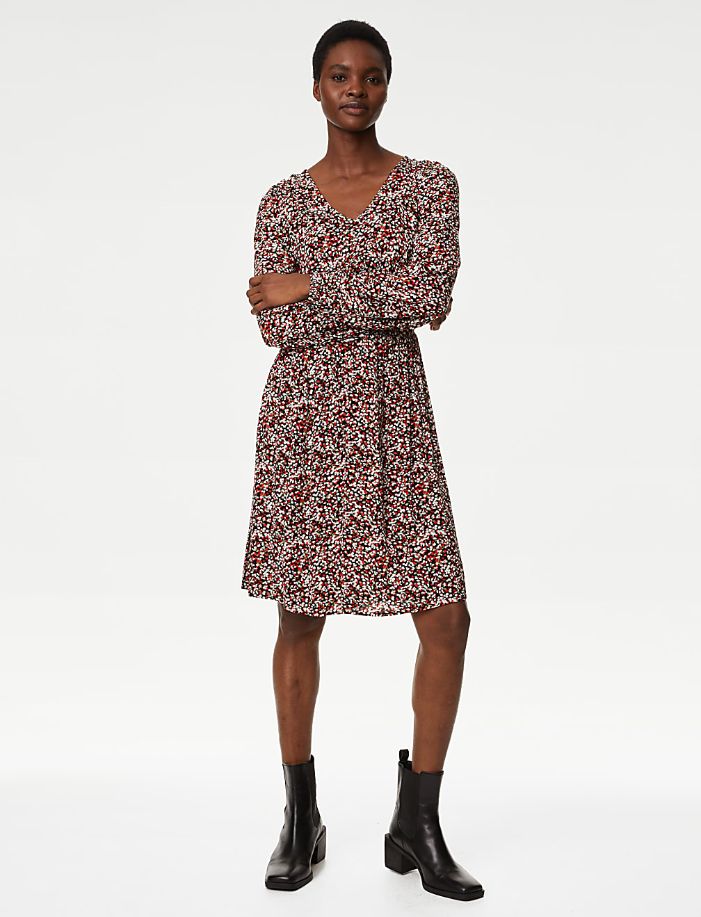 Printed V-Neck Mini Tiered Dress