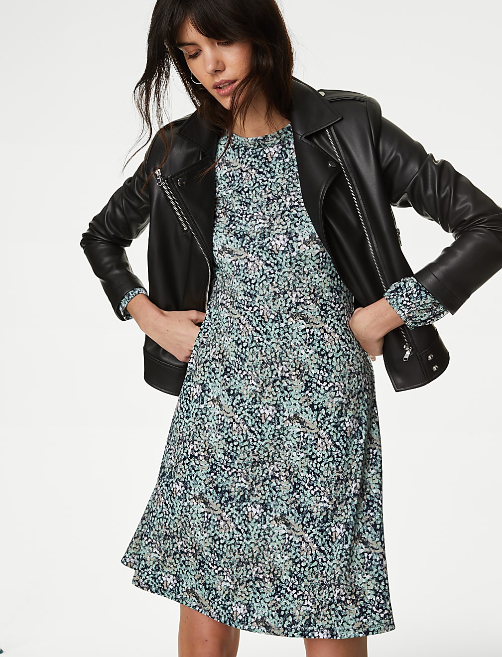 Jersey Printed Round Neck Mini Skater Dress