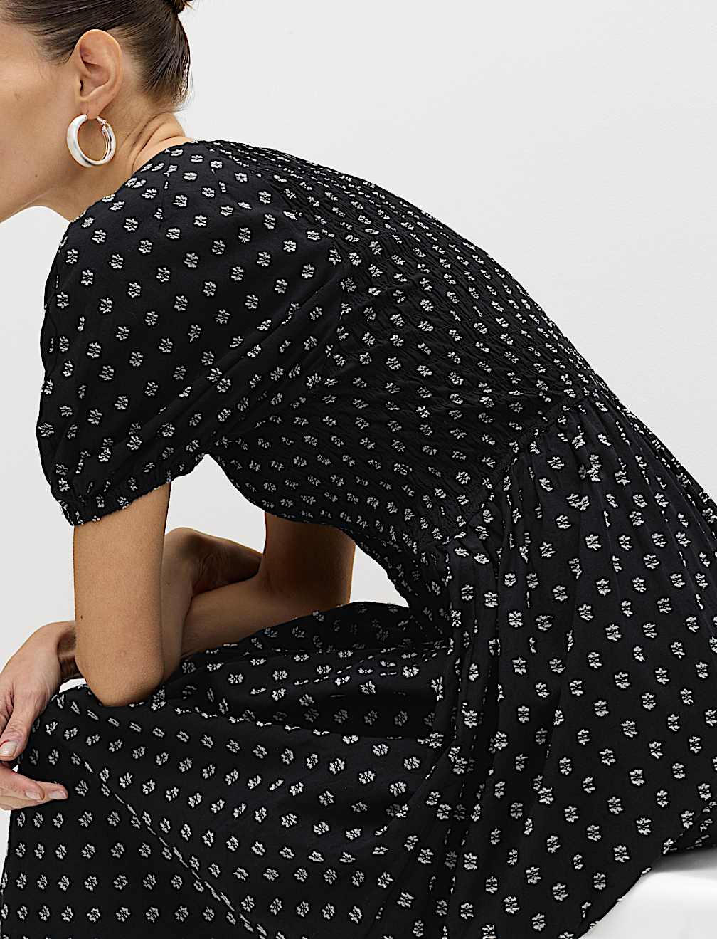 Cotton Rich Printed Puff Sleeve Midi Waisted Dress