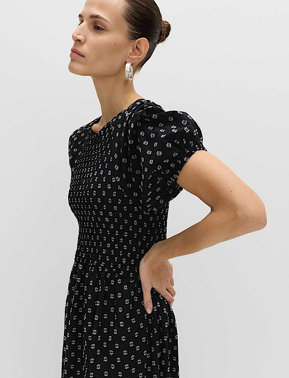 Cotton Rich Printed Puff Sleeve Midi Waisted Dress