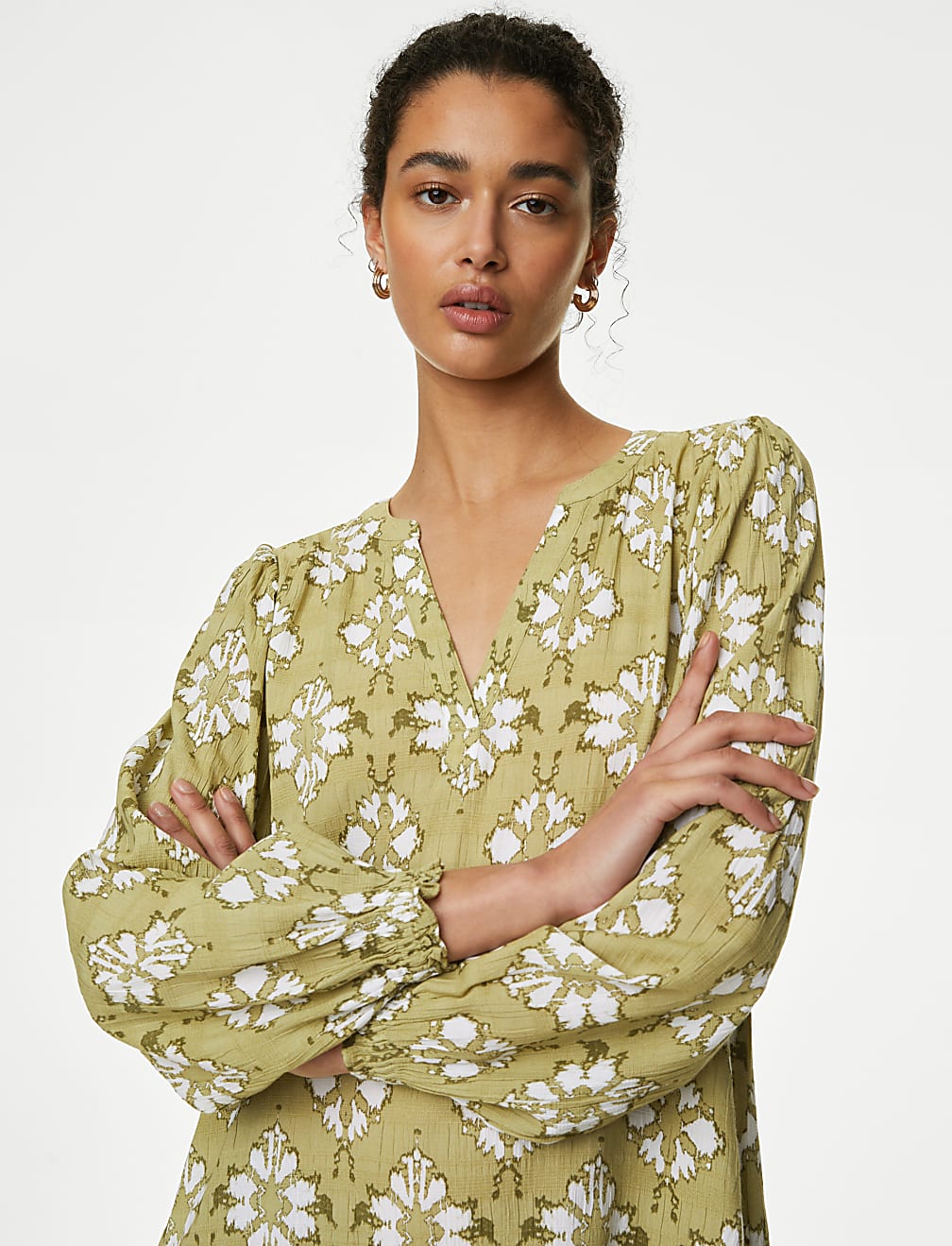 Cotton Blend Printed V-Neck Mini Shift Dress