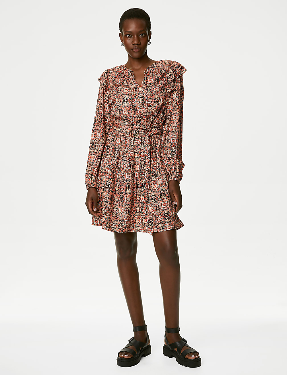 Printed V-Neck Ruffle Mini Waisted Dress