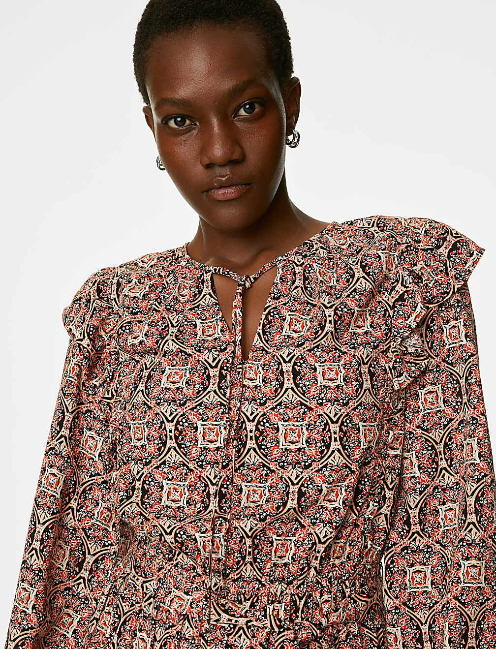 Printed V-Neck Ruffle Mini Waisted Dress