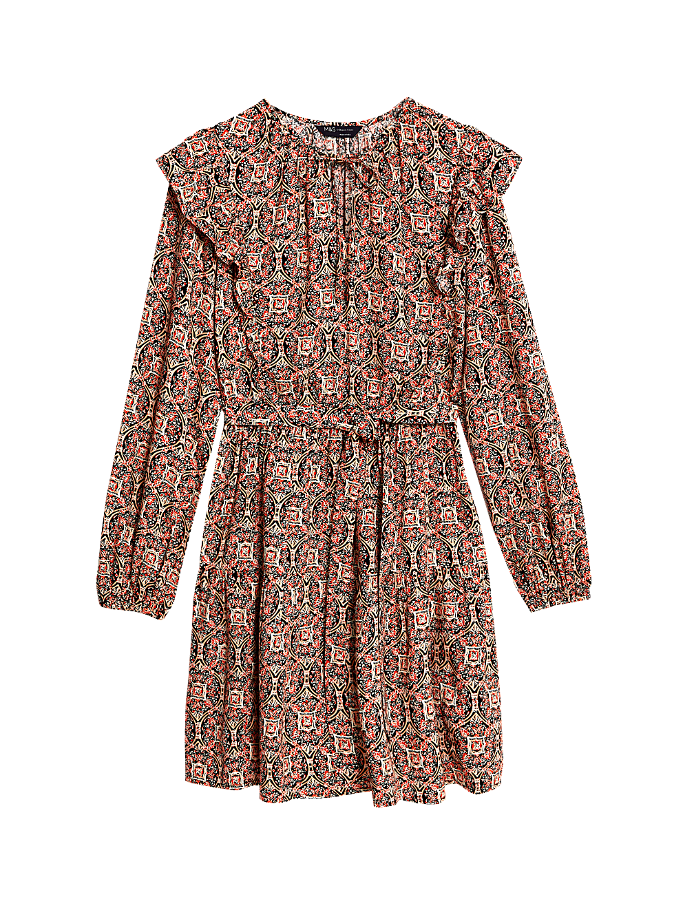 Printed V-Neck Ruffle Mini Waisted Dress