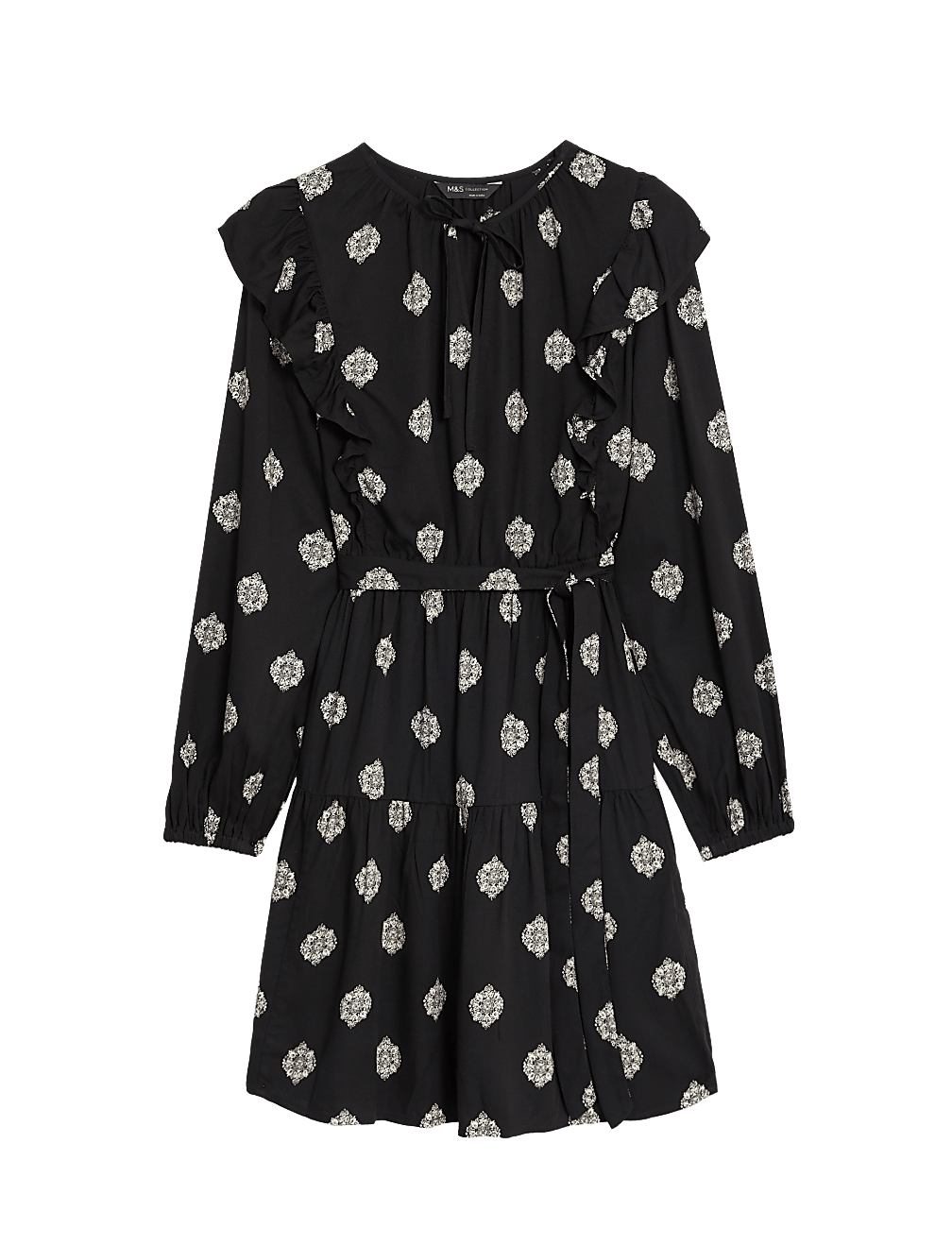 Printed V-Neck Ruffle Mini Waisted Dress