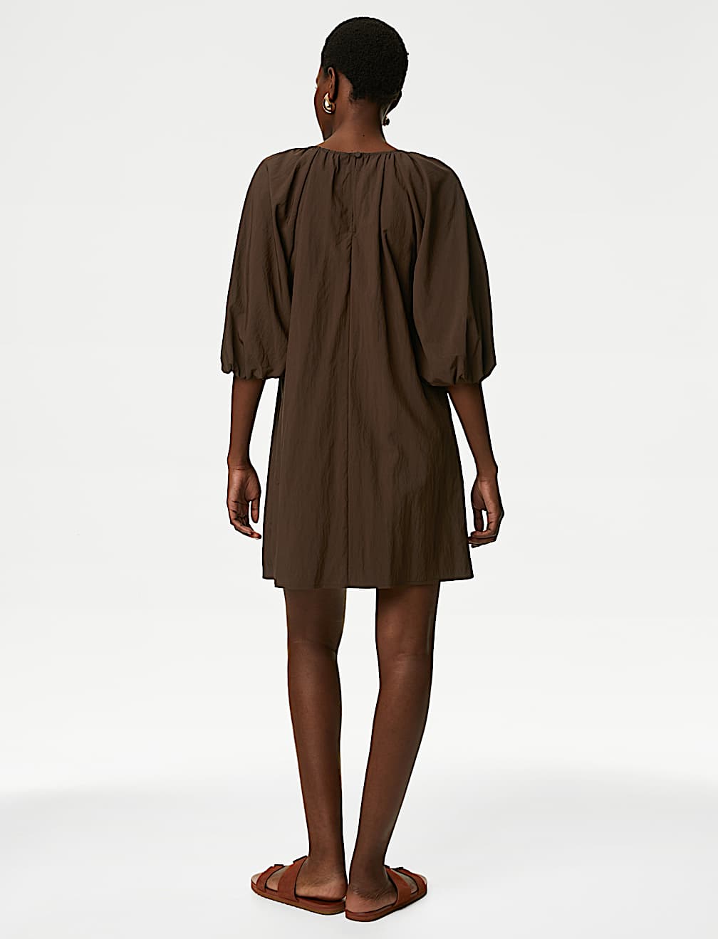 Round Neck Puff Sleeve Mini Smock Dress