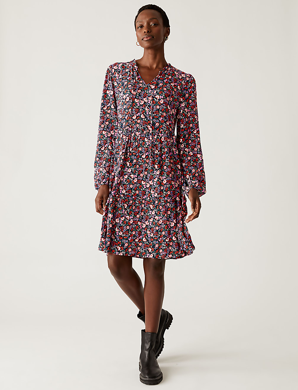 Printed Tie Neck Tiered Dress