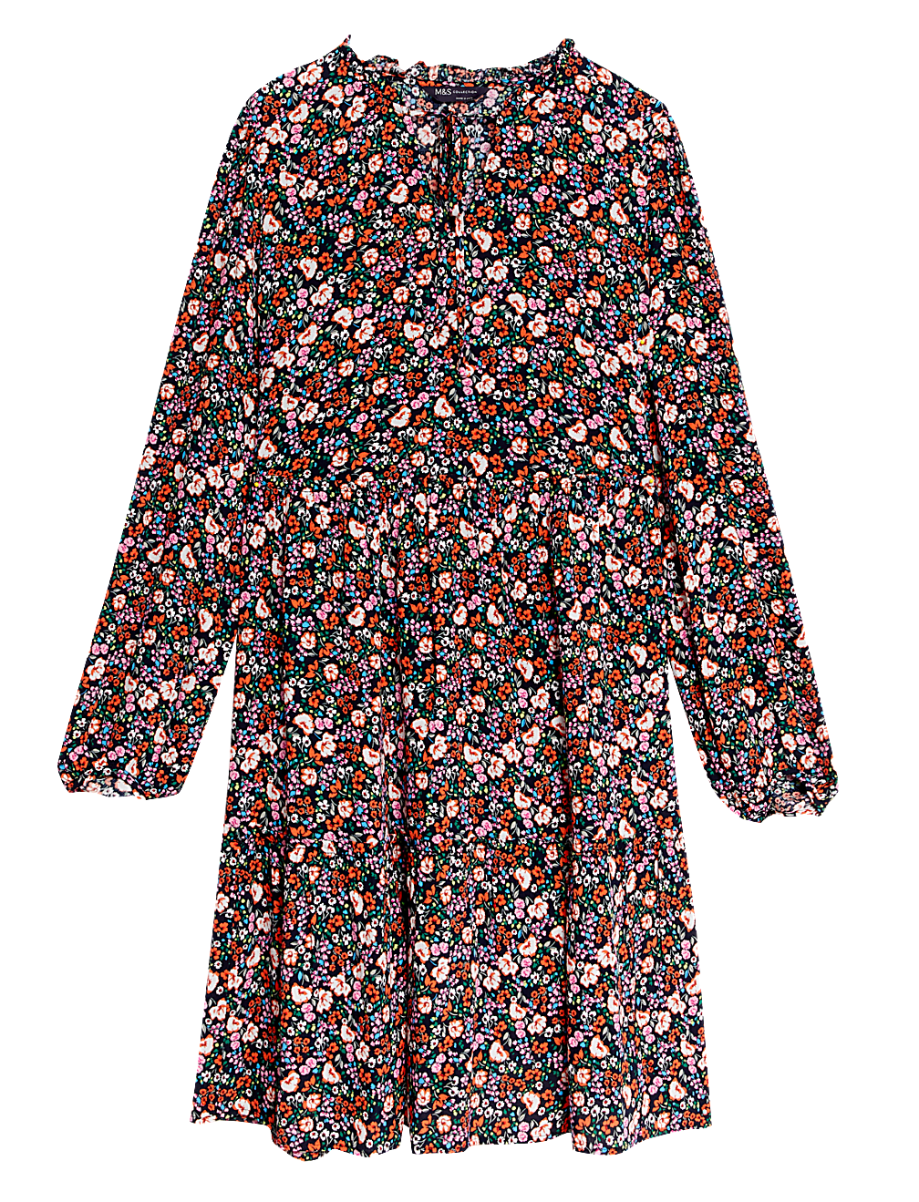 Printed Tie Neck Tiered Dress