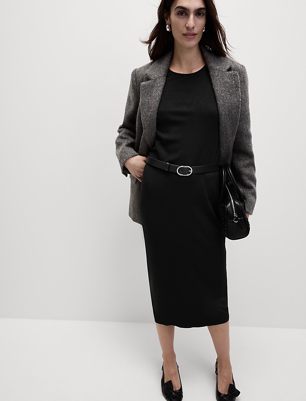 Cotton Blend Round Neck Midi Column Dress