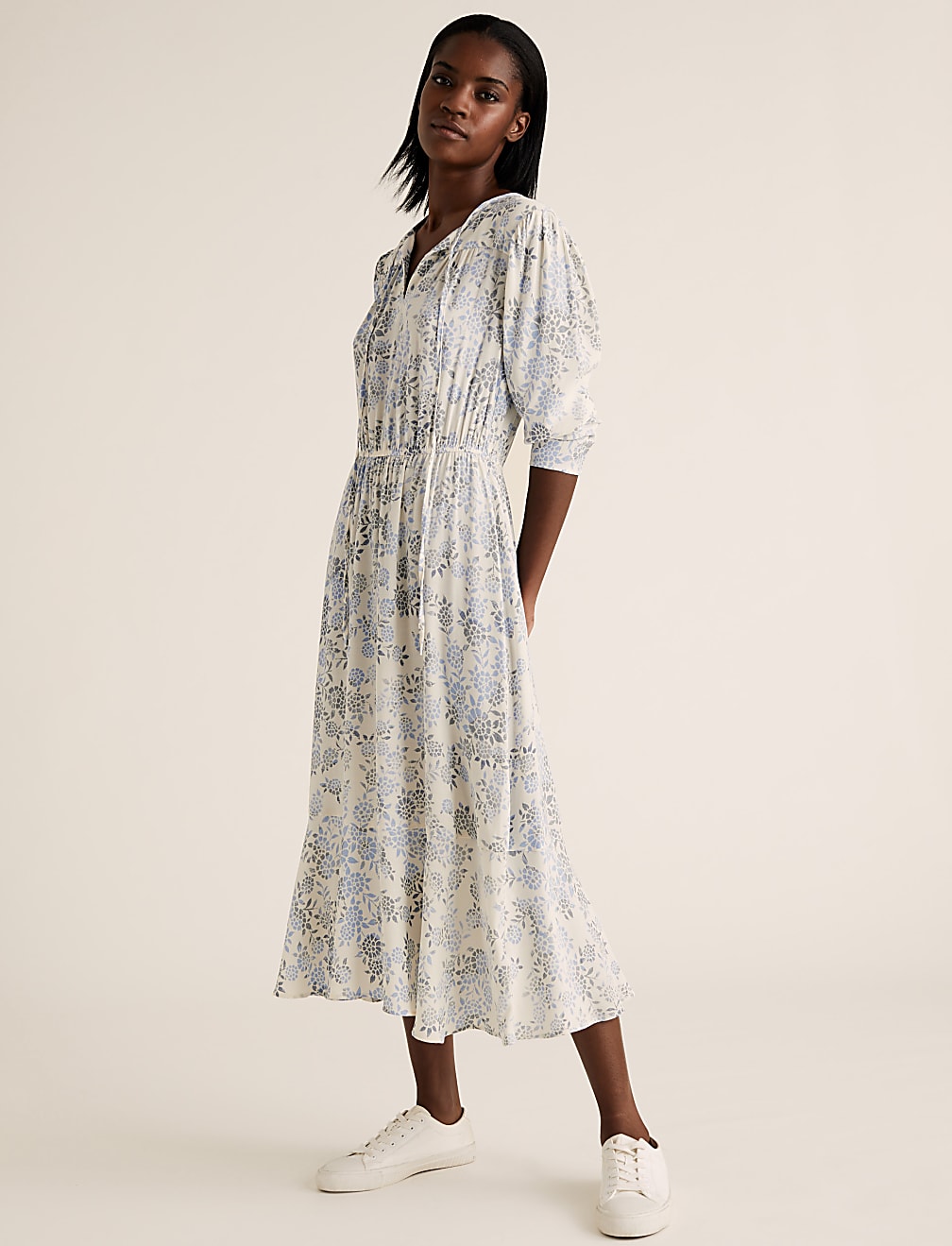 Floral Tie Neck Midi Waisted Dress